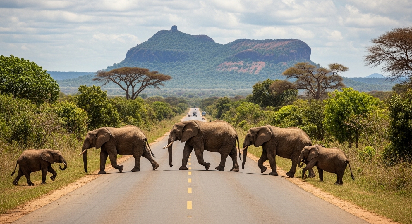 Wildebeest migration crossing river